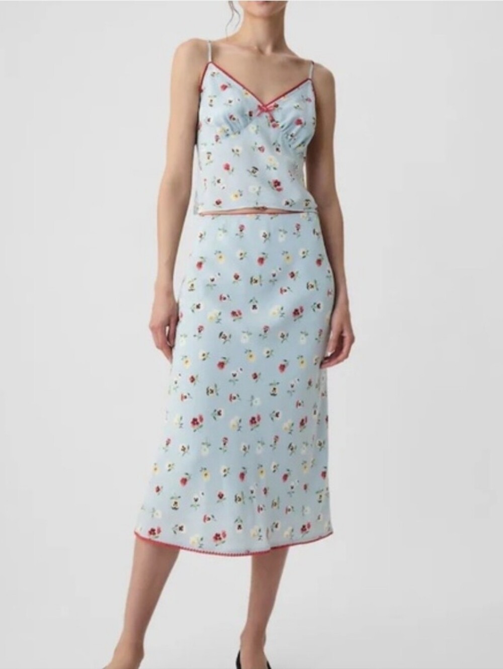 Gap Doen Set Skirt Tank Top Camisole Blue Floral Flower Red Lace Bow Size Small